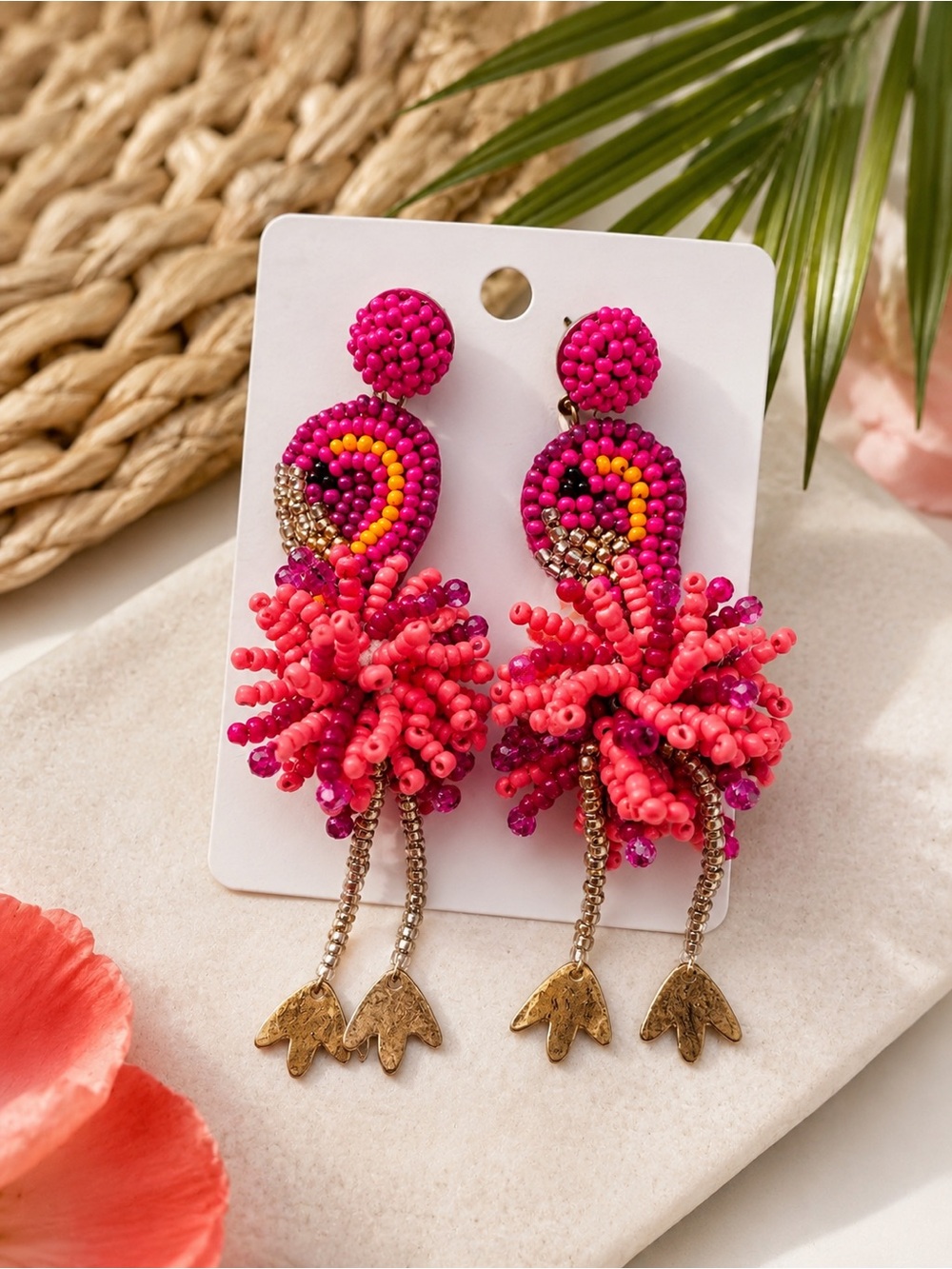 Beaded Pink Flamingo Statement Earrings | Tropical Summer Dangles